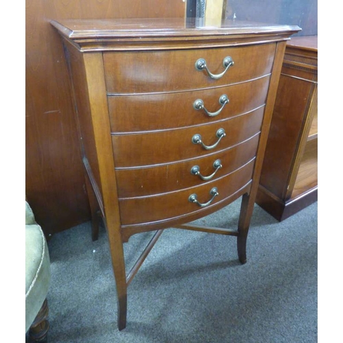 93 - MAHOGANY MUSIC CHEST WITH SHAPED FRONT & 5 DRAWERS. 88 CM TALL X 54 CM WIDE