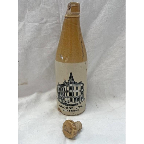 1025 - GEORGE LOW MONTROSE STONEWARE BOTTLE WITH BLACK TRANSFER TO FRONT WITHOUT CENTRAL HOTEL BANNER, (AF)... 