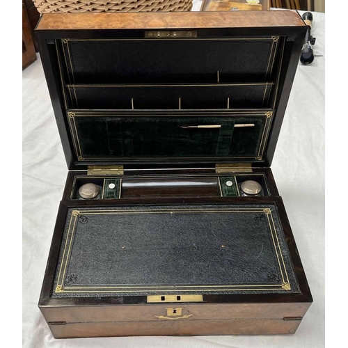 1067 - 19TH CENTURY WALNUT WRITING SLOPE WITH FITTED FOLD OUT INTERIOR, INKWELLS AND FELT LINED SECTIONS 25... 