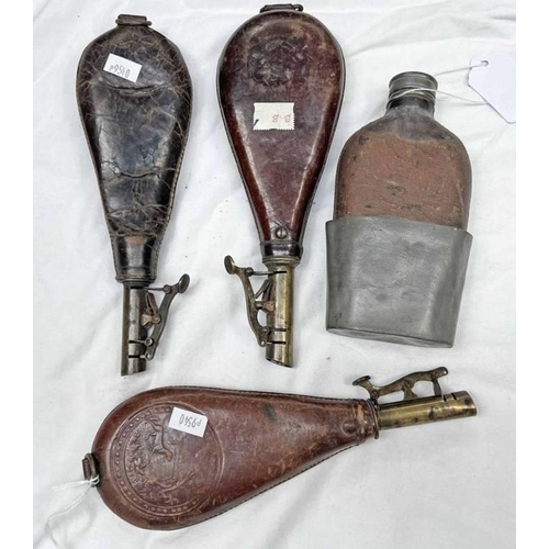 1078 - HIP FLASK AND THREE SHOT / POWDER FLASKS WITH LEATHER BODIES, ONE WITH HUNTING DOG / SPORTING SCENE