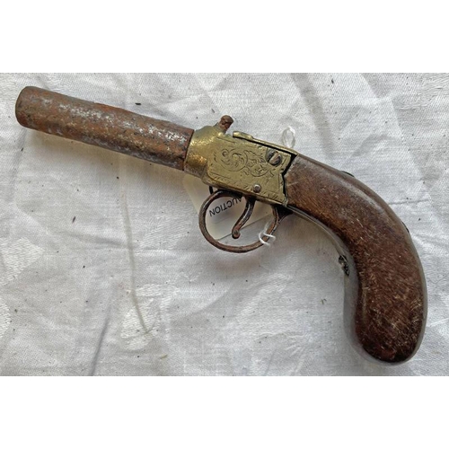 1110 - 19TH CENTURY PERCUSSION POCKET PISTOL WITH BLUED STEEL BARREL - 7CM BIRMINGHAM PROOF MARKS. WALNUT B... 