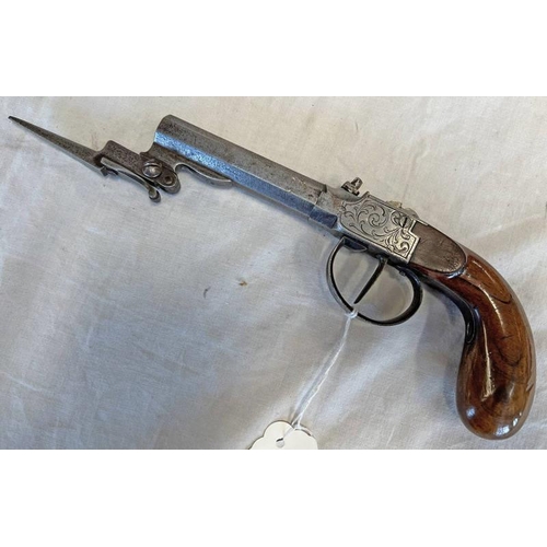 1134 - 19TH CENTURY BELGIAN PERCUSSION TRAVELLING PISTOL WITH 8 CM LONG OCTAGONAL BARREL, UNDERSIDE WITH A ... 