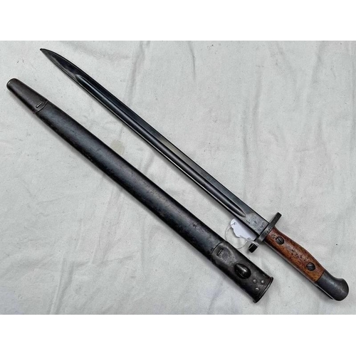 1159 - 1919 LITHGO BAYONET WITH 43CM LONG BLADE WITH SEVERAL MARKINGS WITH ITS METAL & LEATHER SCABBARD