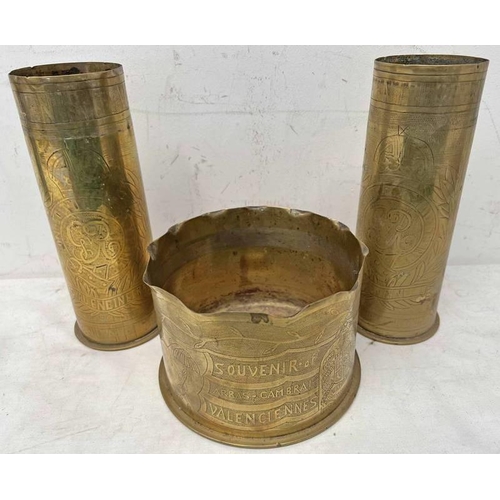 1172 - PAIR OF WW1 TRENCH ART ARTILLERY SHELLS ETCHED WITH GRV CREST AND ROYAL ENGINEERS ALONG WITH A WW1 T... 