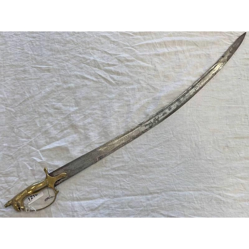 1210 - INDIAN SWORD WITH 77CM LONG CURVED BLADE & BRASS HILT