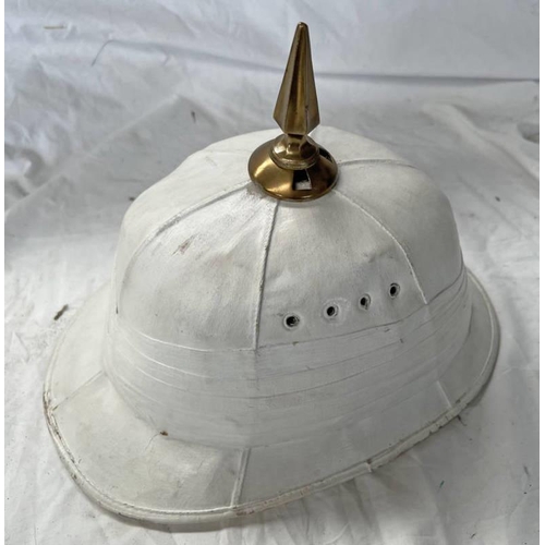 1215 - WW2 STYLE GERMAN TROPICAL PITH HELMET WITH WHITE BODY, BRASS SPIKE & PAPER RZM LABEL TO INTERIOR