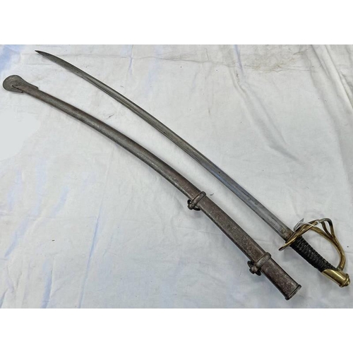 1242 - CONTINENTAL CAVALRY SWORD WITH 89.5CM LONG SLIGHTLY CURVED BLADE, CHARACTERISTIC TWO BRASS HILT MARK... 