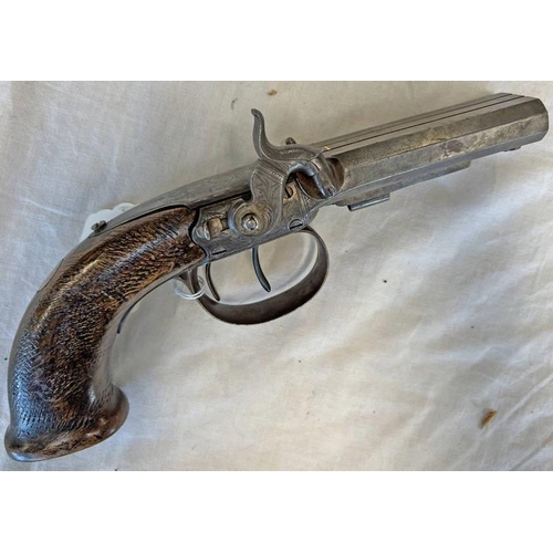 1248 - 19TH CENTURY SIDE BY SIDE DOUBLE BARRELLED PERCUSSION TRAVELLING PISTOL BY WILLIAM HOLE, 9CM LONG OC... 