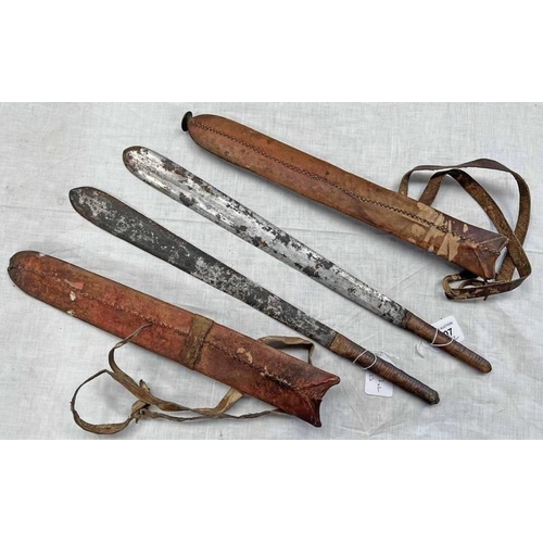 1297 - 2 MAASAI SEME (SWORDS) 40CM & 37CM LONG DOUBLE EDGED STEEL BLADES WITH WRAPPED LEATHER GRIPS IN WORK... 