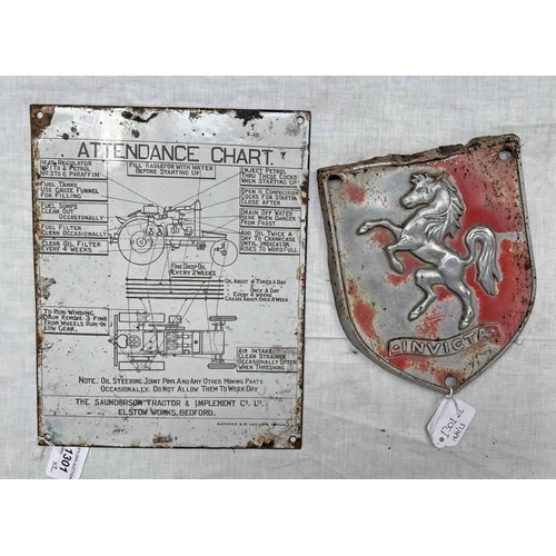 1301 - INVICTA PRANCING HORSE SHIELD / SIGN, 22 CM LONG AND A SAUNDERSON TRACTOR & IMPLEMENT CO LTD, ELSTOW... 