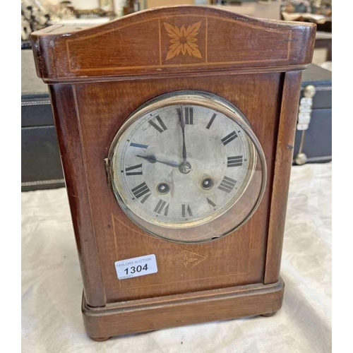 1304 - INLAID MAHOGANY MANTLE CLOCK WITH SILVERED DIAL & BRASS WORKS