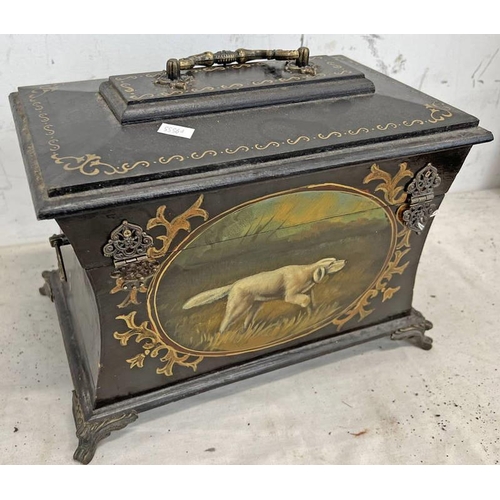 1307 - LATE 20TH CENTURY PAINTED WOODEN BOX WITH LIFT UP LID, FRONT PANEL PAINTED WITH A HUNTING DOG ''POIN... 