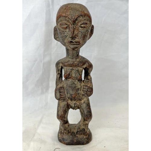 1317 - AFRICAN FERTILITY FIGURE, CARVED WOODEN FORM WITH HANDS TO STOMACH, 23CM LONG