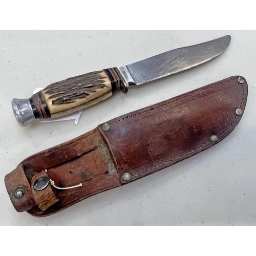 1318 - GAZELLE HUNTING KNIFE BY KRUSIUS SOLINGEN WITH 12.2CM LONG BLADE WITH LEATHER SCABBARD