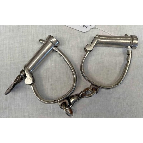 1324 - HIATT NICKLE PLATED IRON DARBY STYLE ADJUSTABLE HANDCUFFS MARKED 'HIATT KIST WARRANTED WROUGHT HARD ... 