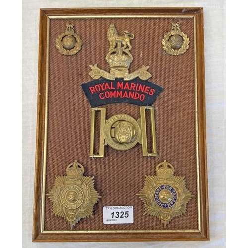 1325 - ROYAL MARINES COMMANDOS DISPLAY CONSISTING OF GIBRALTAR BELT BUCKLE, CLOTH SHOULDER TITLE, CAP BADGE... 