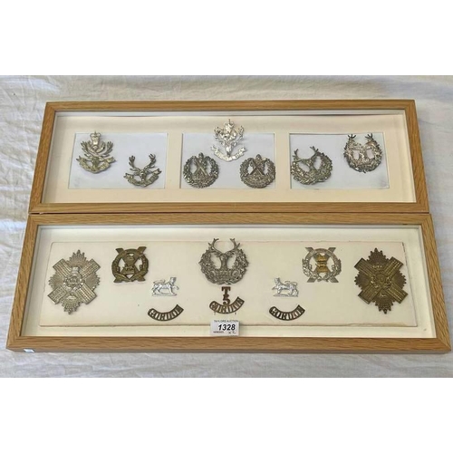 1328 - TWO FRAMED SCOTTISH REGIMENTAL CAP BADGE DISPLAYS CONSISTING OF CAMERON HIGHLANDERS, SEAFORTH HIGHLA... 