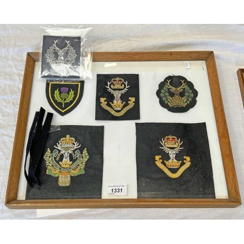 1331 - 5 FRAMED GORDON HIGHLANDERS BULLION THREAD EMBROIDERED CLOTH PATCHES 36 X 44.5 CMS