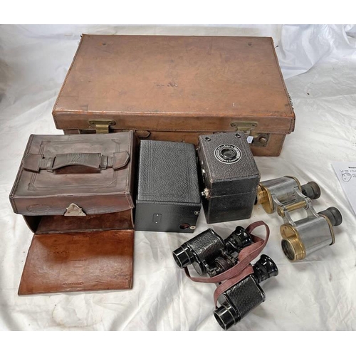 1344 - LEATHER SUITCASE, 1942 BRITISH MILITARY BINO PRISM NO.2 MKII BINOCULARS, BROWNIES CAMERA, ETC