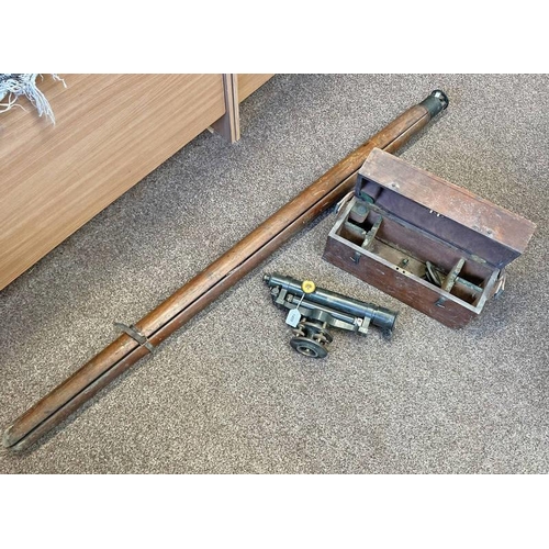 1400 - J HALDEN & CO THEODOLITE IN ITS WOODEN CASE WITH PAPER LABEL & ITS WOOD & METAL TRIPOD