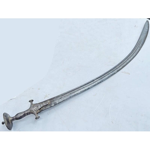 1679 - TULWAR WITH 71CM LONG CURVED AND FULLERED BLADE WITH CHARACTERISTIC HILT AND DISC POMMEL