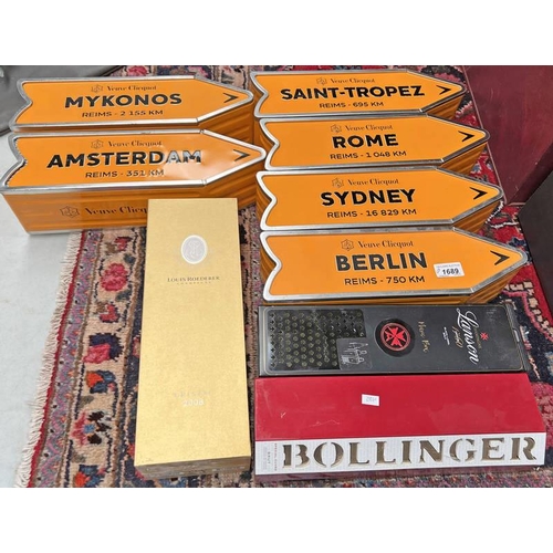 1689 - 6 EMPTY VEUVE CLICQUOT DESTINATION TIN ARROW BOXES TO INCLUDE AMSTERDAM, BERLIN, SYDNEY, ROME ETC BO... 