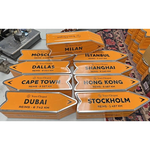 1690 - 9 EMPTY VEUVE CLICQUOT DESTINATION TIN ARROW BOXES TO INCLUDE DALLAS, CAPE TOWN, DUBAI, HONG KONG, M... 