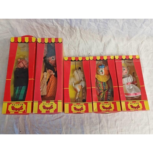 4487 - FIVE PELHAM PUPPETS INCLUDING MCBOZZLE, WITCH FAIRY AND FOAL. ALL BOXED