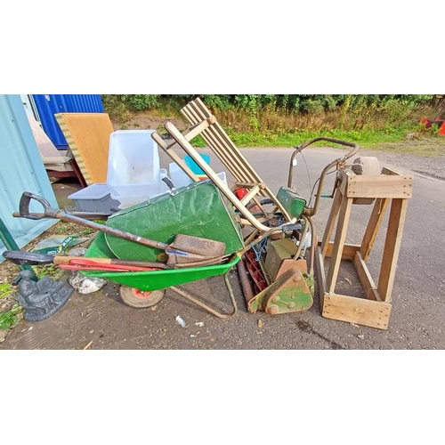 6100 - GRINDER IN WOODEN FRAME, WOODEN SLEDGE, VINTAGE MOWER, GARDEN BARROW & VARIOUS GARDEN TOOLS