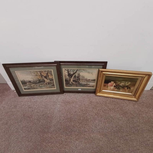 1009 - JOHN HADLEY, 2 MAHOGANY FRAMED PRINTS, FISHERMAN & SHEEP BY THE RIVER, TOGETHER WITH GILT FRAMED OIL... 