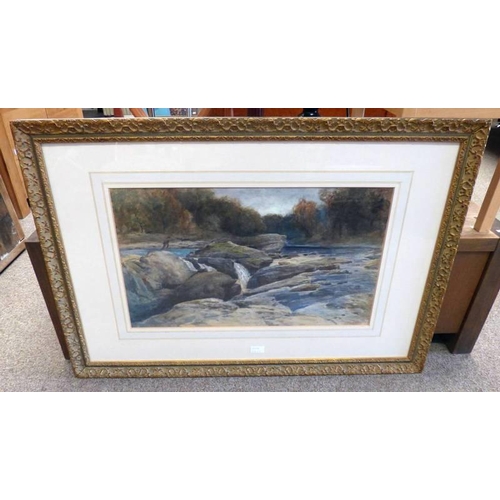 1017 - J MART,  'FISHERMAN ON THE ROCKS' SIGNED FRAMED WATERCOLOUR 38CM X 64 CM