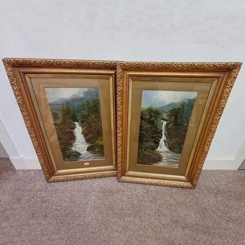 1021 - 2 GILT FRAMED OIL PAINTINGS DEPICTING A WATERFALL & MOUNTAINS, BOTH UNSIGNED, 62 X 35 CM EACH