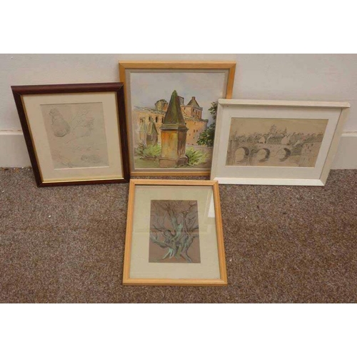 1023 - WENDY WOOD,  SELECTION OF WATERCOLOURS, DRAWINGS ETC TO INCLUDE ; 'DUMFRIES 1919', FRAMED PENCIL DRA... 