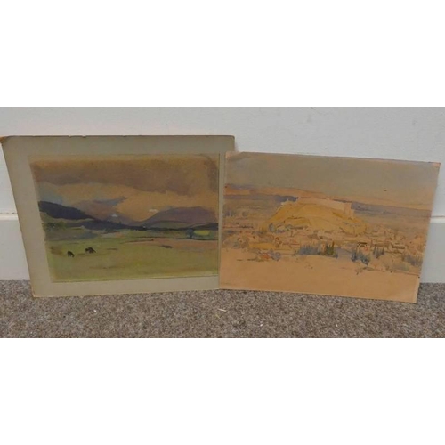 1026 - JM AITKEN, CASTLE ON THE HILL & PERTHSHIRE RURAL SCENE,  BOTH SIGNED,   2 UNFRAMED WATER COLOURS,   ... 