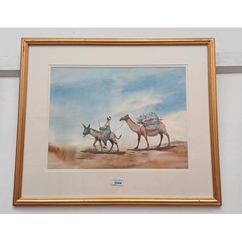 1044 - MIDDLE EASTERN GENTLEMAN ON DONKEY 'GUIDING A CAMEL' FRAMED WATERCOLOUR UNSIGNED 33.5 CM X 45 CM