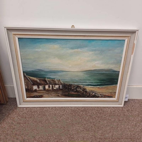 1049 - R MCKIE FISHING VILLAGE SIGNED FRAMED OIL ON BOARD 49 X 74 CM