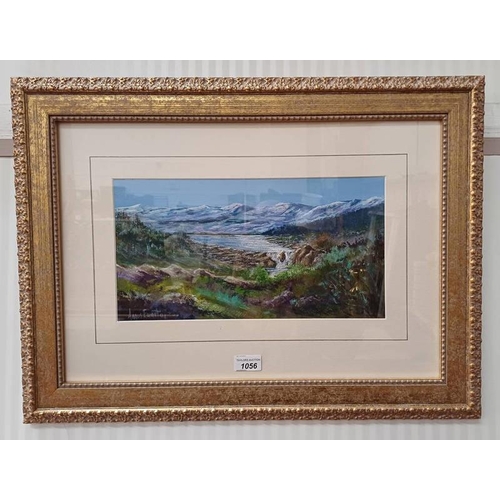 1056 - ANGUS EWART 'SNOW TOPPED MOUNTAINS' SINGED GILT FRAMED WATERCOLOUR 20 CM X 38 CM