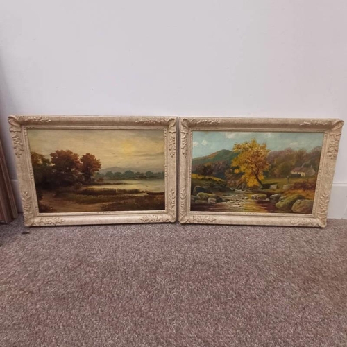 1057 - A TAYLOR,  SUNSET ON THE RIVER, & ON THE RIVER ALYN-WALES,  SIGNED 2 GILT FRAMED OIL ON BOARD PAINTI... 