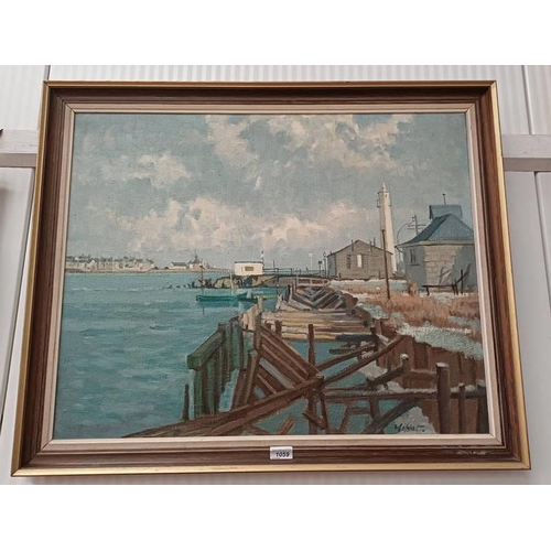 1059 - MOFFAT BROKEN PIER SIGNED  FRAMED OIL PAINTING 59 CM X 79 CM