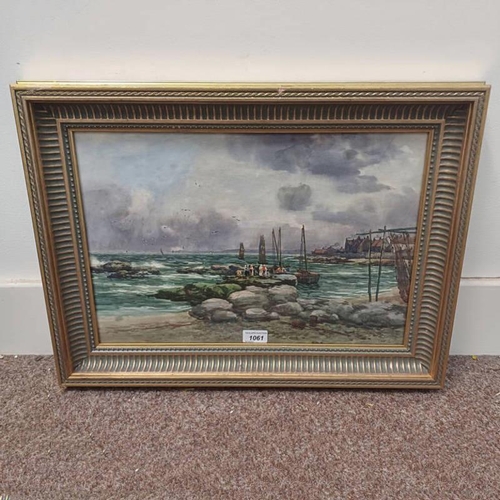 1061 - C M WILLIAMS,  HADDOCK BOATS - BUCKIE,  SIGNED,  GILT FRAMED WATERCOLOUR 32 X 47 CM