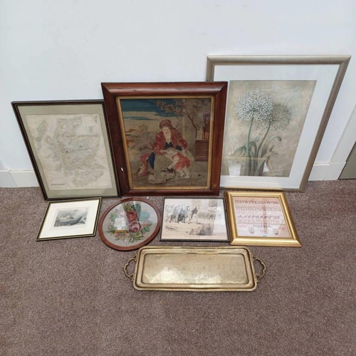 1070 - SELECTION OF PRINTS, EMBROIDERY, BRASS SERVING TRAY, 19TH CENTURY SAMPLER, ETC. LARGEST 57 X 47 CM