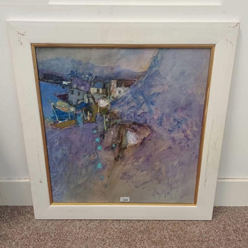 1086 - DRUMMOND MAYO - (ARR),  FISHING VILLAGE SIGNED, LABEL TO REVERSE FRAMED WATERCOLOUR 62 X 59 CM