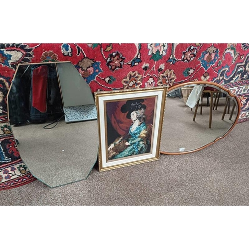 1098 - 2 WALL MIRRORS, 1 UNFRAMED, TOGETHER WITH A GILT FRAMED EMBROIDERY OF A VICTORIAN ERA LADY