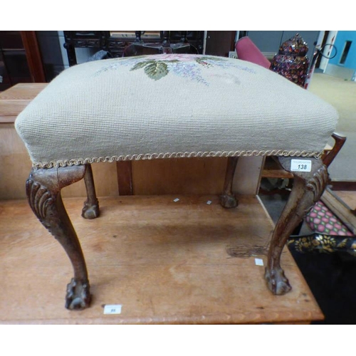 138 - 19TH CENTURY MAHOGANY STOOL WITH FLORAL TAPESTRY TOP ON MAHOGANY BALL & CLAW SUPPORTS