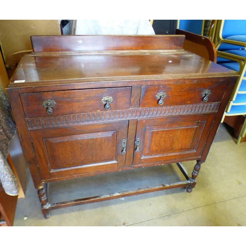 140 - MAHOGANY SIDEBOARD WITH 2 DRAWERS OVER 2 PANEL DOORS ON TURNED SUPPORTS.  HEIGHT 91 CM X LENGTH 108 ... 