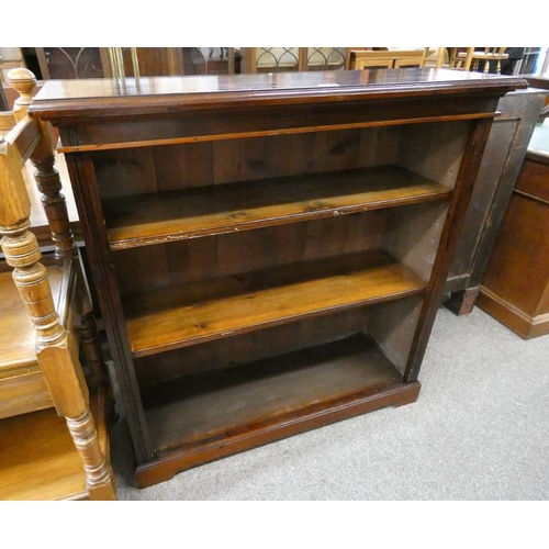 157 - MAHOGANY OPEN BOOKCASE WITH ADJUSTABLE SHELVES, 108CM TALL X 104CM WIDE