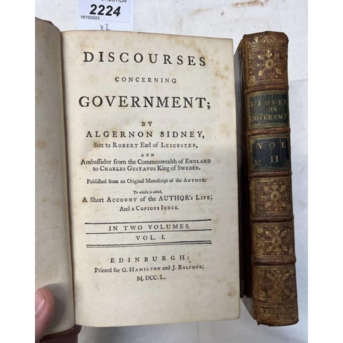 2224 - DISCOURSES CONCERNING GOVERNMENT BY ALGERNON SIDNEY, IN 2 FULLY LEATHER BOUND VOLUMES, BACK BOARD OF... 