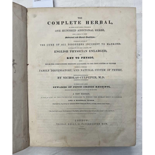 2292 - THE COMPLETE HERBAL BY NICHOLAS CULPEPER, HALF LEATHER BOUND, FRONT BOARD DETACHED - 1840