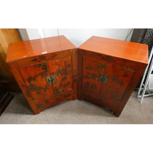 277 - PAIR OF RED LACQUER & GILT EASTERN CABINETS WITH DECORATIVE ORIENTAL SCENES & 2 PANEL DOORS OVER SIN... 