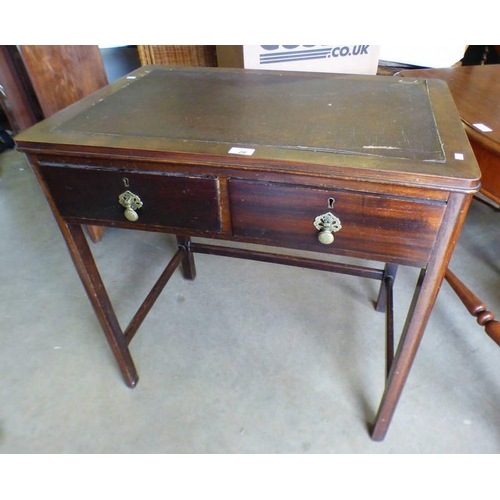 28 - EARLY 20TH CENTURY MAHOGANY DESK WITH 2 DRAWERS & LEATHER INSET TOP, 77CM TALL X 77CM WIDE